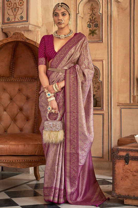Peach Color Zari Weaving Satin Silk Sarees Blouse Design – Adore Styelsus
